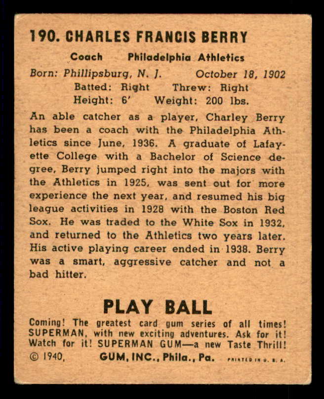 1940 Play Ball #190 Charlie Berry A's VG-EX 533708