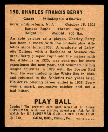 1940 Play Ball #190 Charlie Berry A's VG-EX 533708