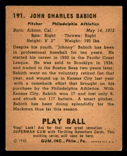 1940 Play Ball #191 Johnny Babich A's VG/VG-EX 533709