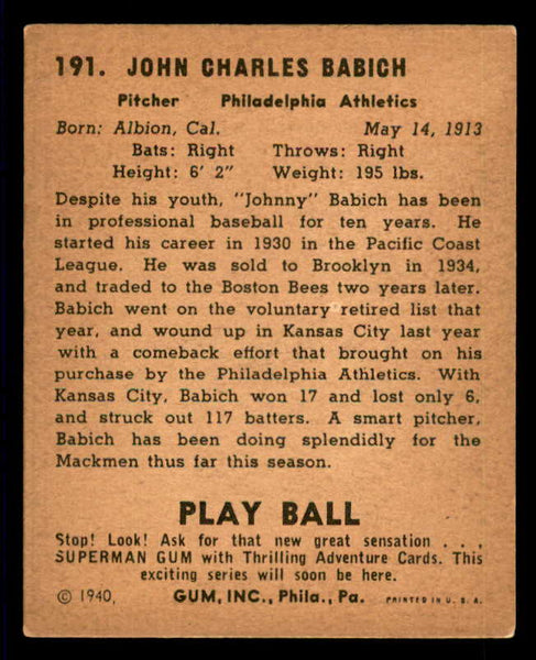 1940 Play Ball #191 Johnny Babich A's VG/VG-EX 533709