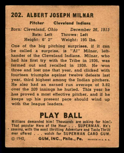 1940 Play Ball #202 Al Milnar Indians VG 533710