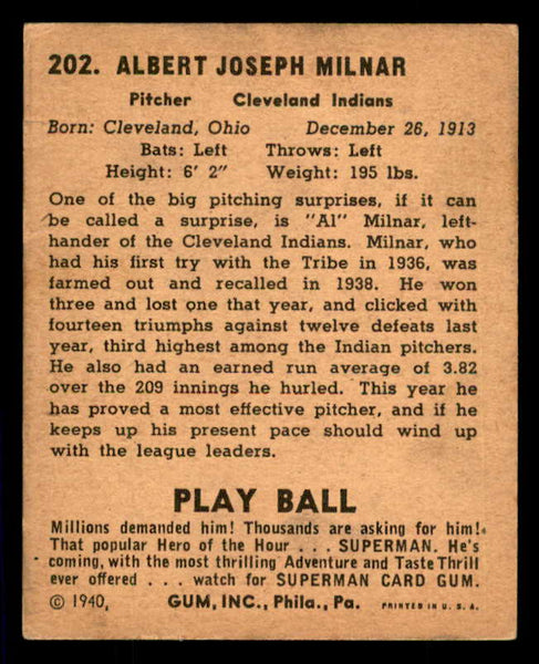 1940 Play Ball #202 Al Milnar Indians VG 533710