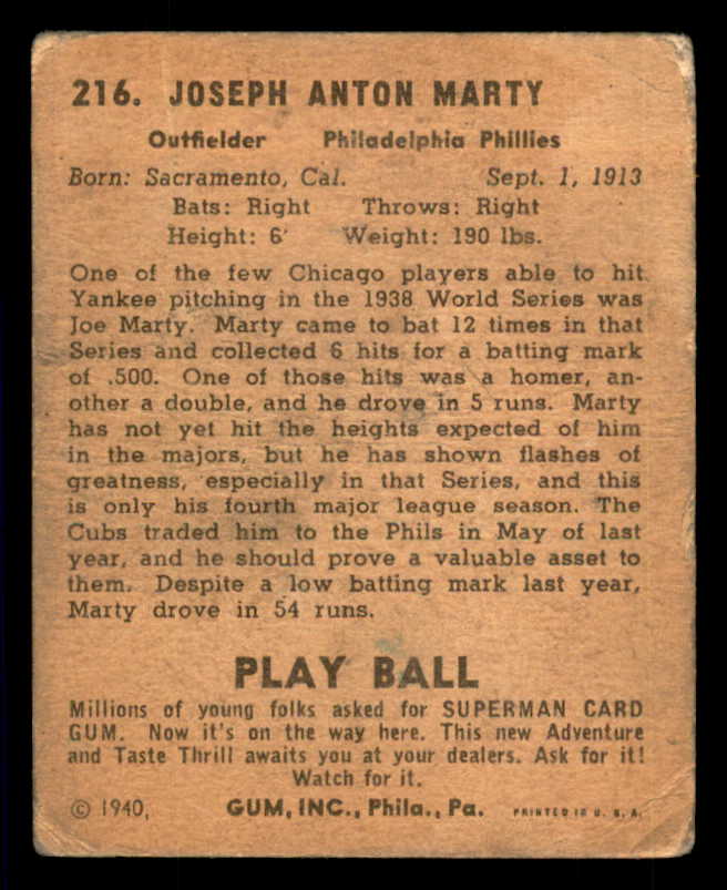 1940 Play Ball #216 Joe Marty Phillies Good 533711