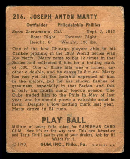 1940 Play Ball #216 Joe Marty Phillies Good 533711