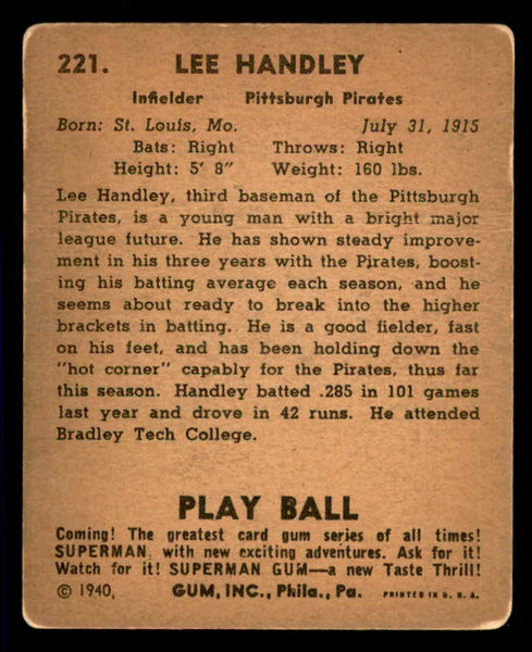 1940 Play Ball #221 Lee Handley Pirates GD/GD-VG 533712