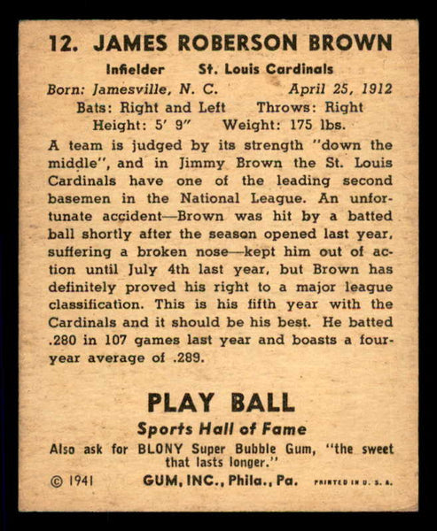 1941 Play Ball #012 Jimmy Brown Cardinals VG-EX 533726
