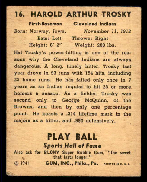1941 Play Ball #016 Hal Trosky Indians VG/VG-EX 533728
