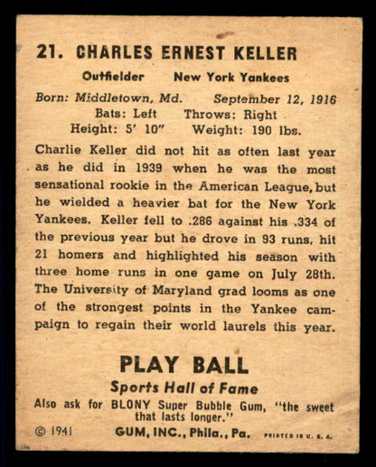 1941 Play Ball #021 Charlie Keller Yankees VG 533732