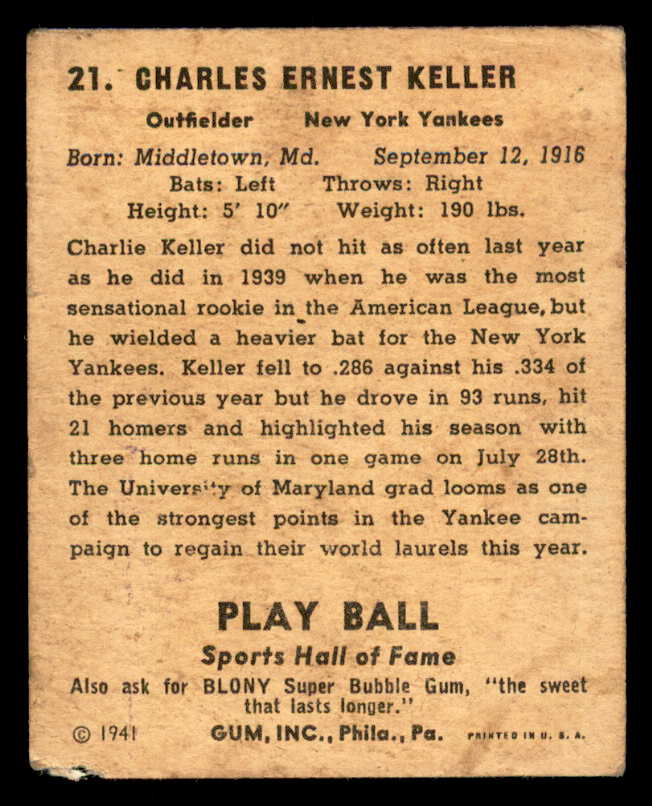 1941 Play Ball #021 Charlie Keller Yankees GD-VG 533733
