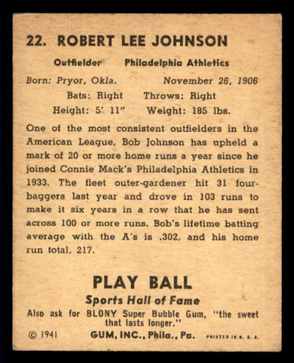 1941 Play Ball #022 Bob Johnson A's VG-EX 533734