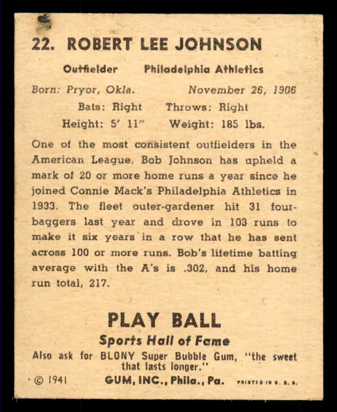 1941 Play Ball #022 Bob Johnson A's GD-VG 533735