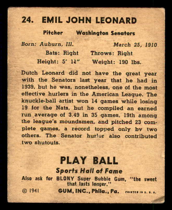 1941 Play Ball #024 Dutch Leonard Senators VG-EX 533737