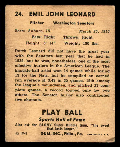 1941 Play Ball #024 Dutch Leonard Senators VG-EX 533737