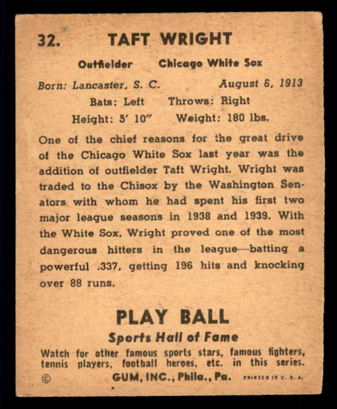 1941 Play Ball #032 Taft Wright White Sox VG-EX 533749