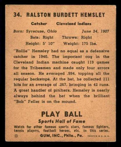 1941 Play Ball #034 Rollie Hemsley Indians VG-EX/EX 533751