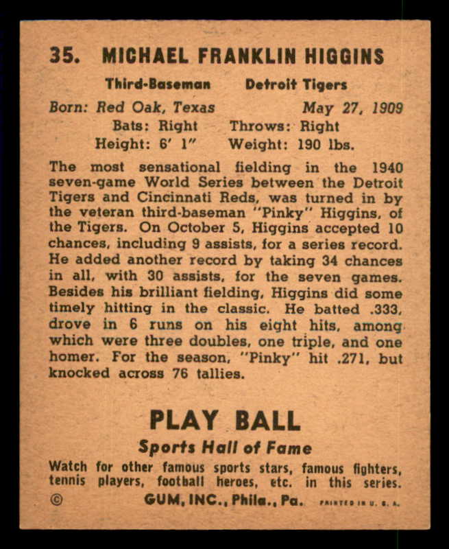 1941 Play Ball #035 Pinky Higgins Tigers EX-MT 533752