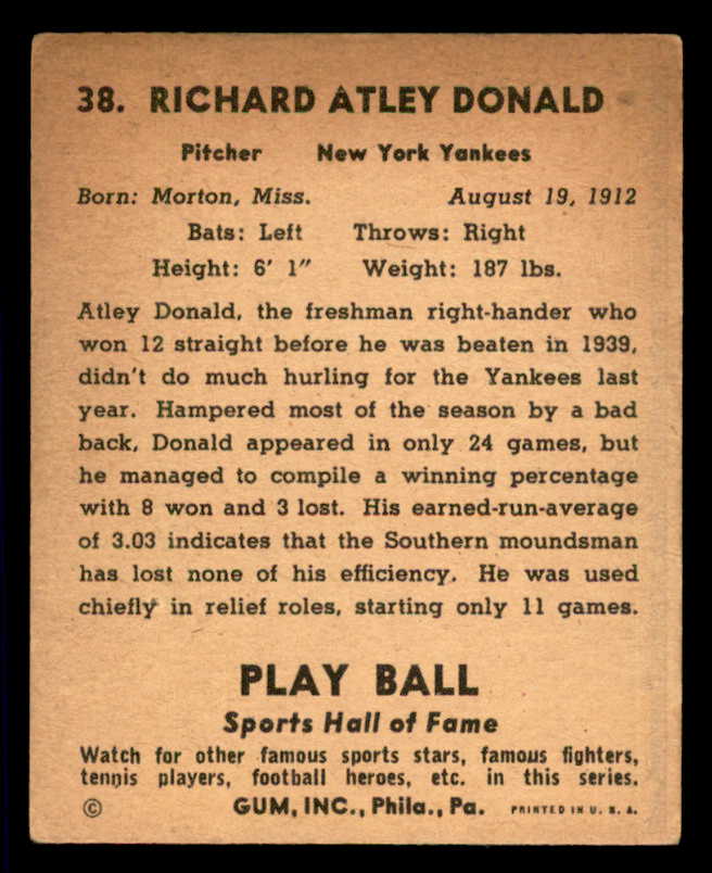 1941 Play Ball #038 Atley Donald Yankees VG-EX 533757