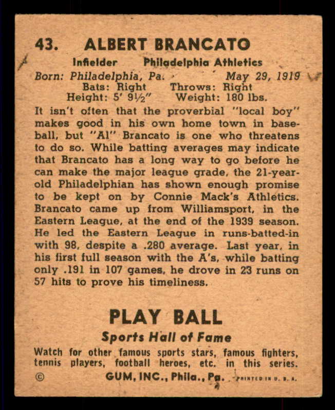1941 Play Ball #043 Al Brancato A's EX 533763