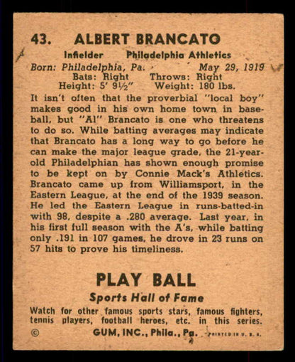 1941 Play Ball #043 Al Brancato A's EX 533763