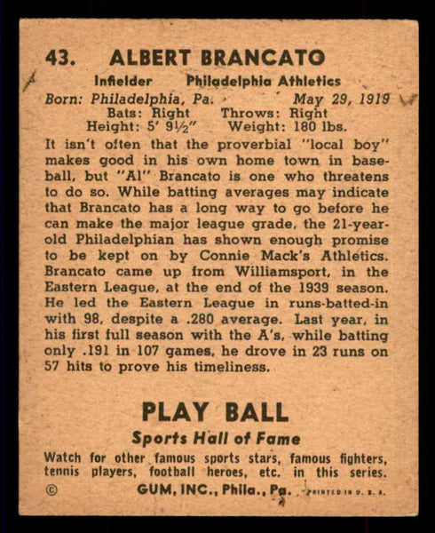 1941 Play Ball #043 Al Brancato A's EX 533763