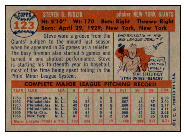 1957 Topps Baseball #123 Steve Ridzik Giants EX-MT 533768
