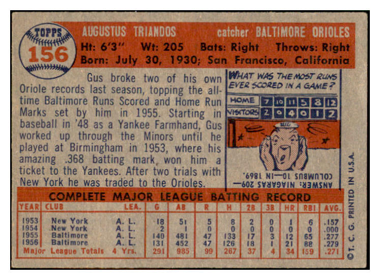 1957 Topps Baseball #156 Gus Triandos Orioles EX-MT 533771