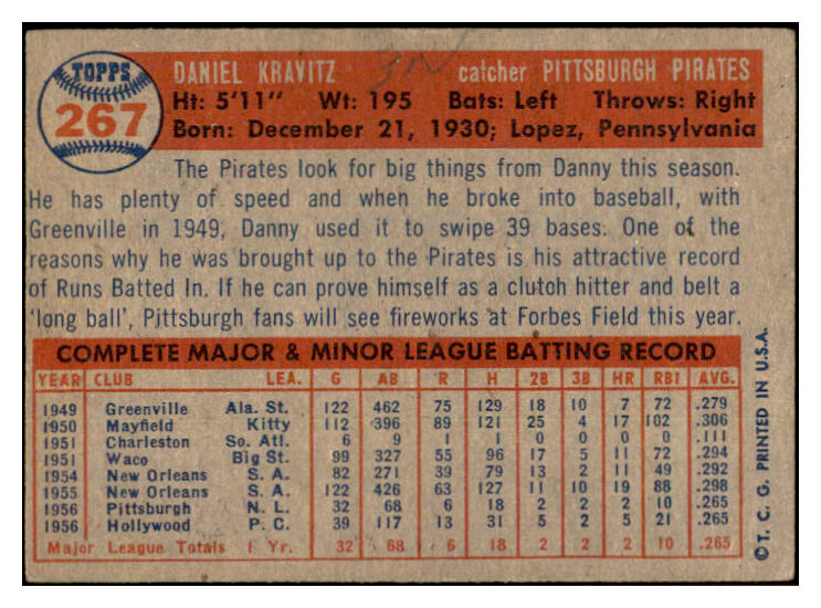 1957 Topps Baseball #267 Danny Kravitz Pirates EX 533773