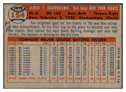 1957 Topps Baseball #154 Red Schoendienst Giants GD-VG ink back 533782