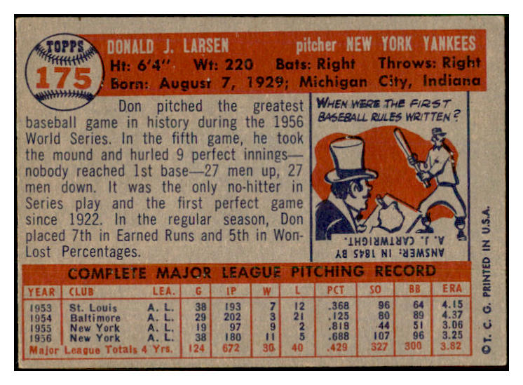1957 Topps Baseball #175 Don Larsen Yankees EX-MT 533785