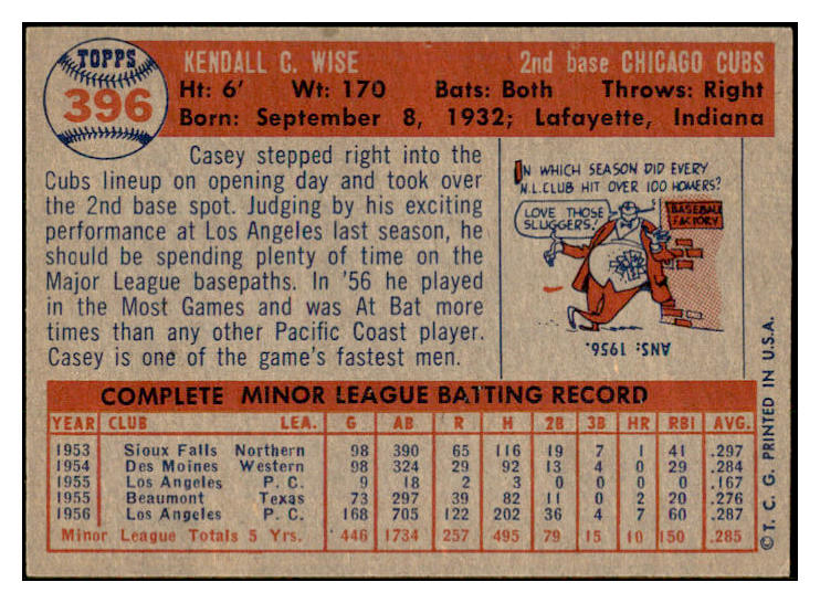 1957 Topps Baseball #396 Casey Wise Cubs EX-MT 533798