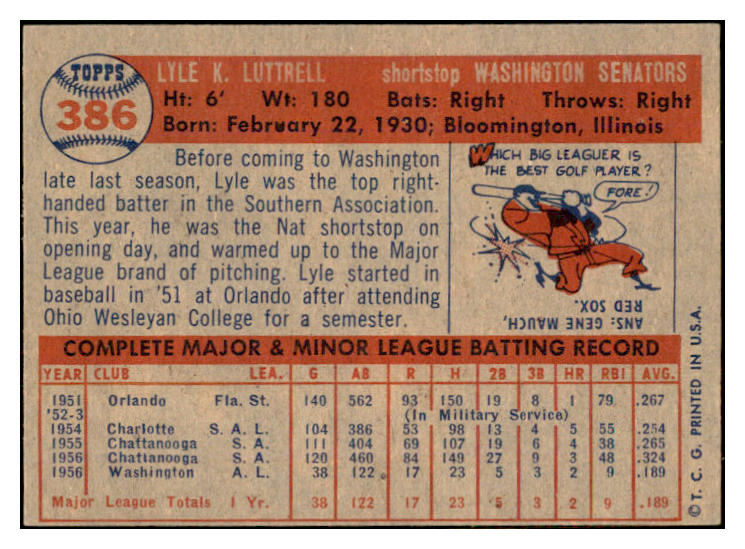 1957 Topps Baseball #386 Lyle Luttrell Senators EX-MT 533806