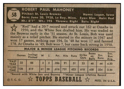 1952 Topps Baseball #058 Bob Mahoney Browns EX-MT Black 533836