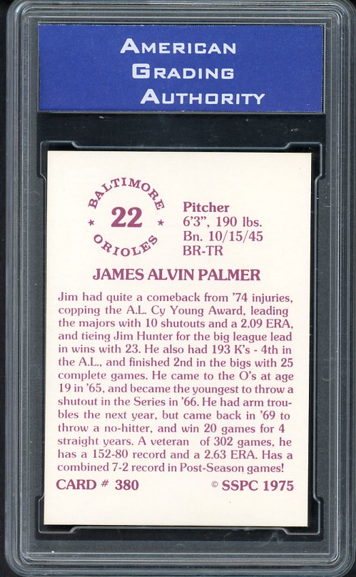 1975 SSPC #380 Jim Palmer Orioles AGA 10 GEM MINT 533957