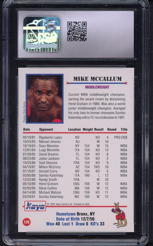 1991 Kayo #129 Mike McCallum Boxer CSG 9 MINT 534029