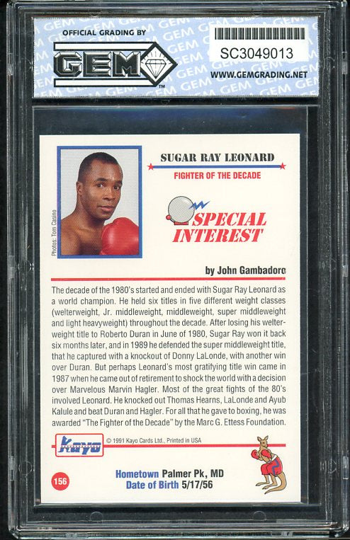 1991 Kayo #156 Sugar Ray Leonard Boxer GGI 10 GEM MINT 534082