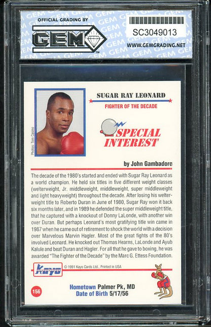 1991 Kayo #156 Sugar Ray Leonard Boxer GGI 10 GEM MINT 534082