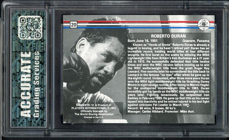 1991 Ringlords #020 Roberto Duran Boxer AGS 10 GEM MINT 534089