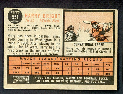 1962 Topps Baseball #551 Harry Bright Senators VG 534181