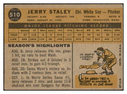 1960 Topps Baseball #510 Jerry Staley White Sox EX 534185
