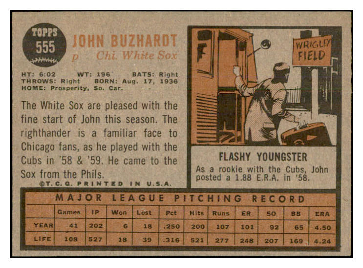 1962 Topps Baseball #555 John Buzhardt White Sox EX-MT 534205