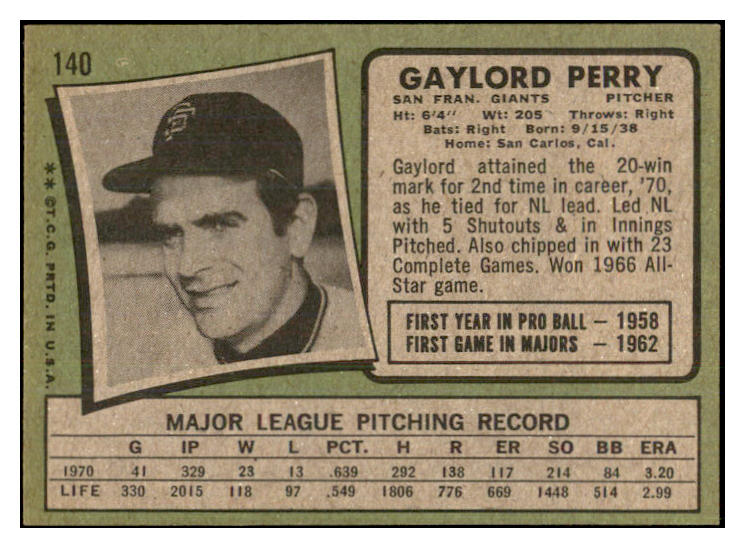 1971 Topps Baseball #140 Gaylord Perry Giants EX-MT 534243