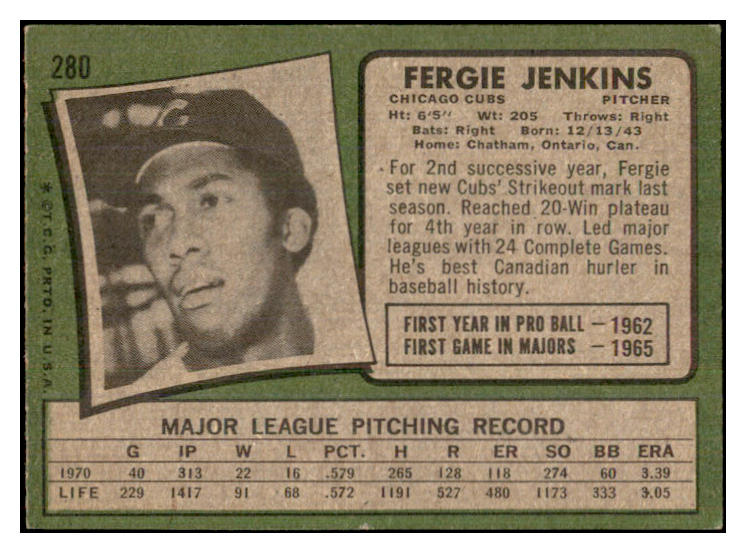 1971 Topps Baseball #280 Fergie Jenkins Cubs EX 534246