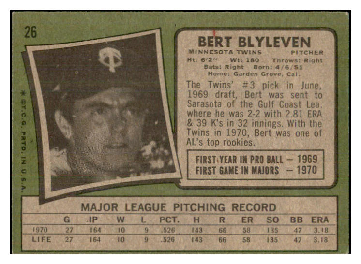 1971 Topps Baseball #026 Bert Blyleven Twins EX 534249