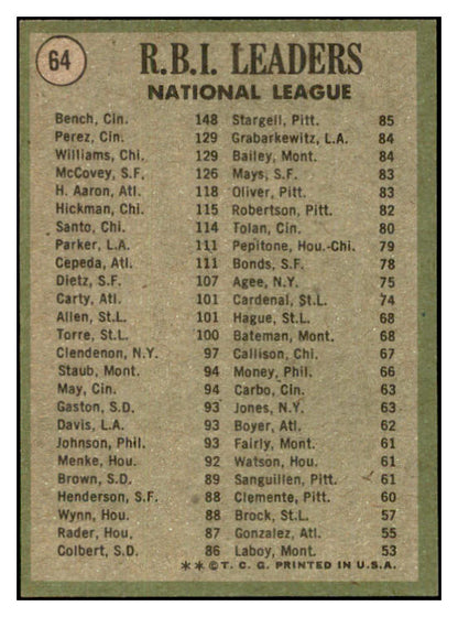 1971 Topps Baseball #064 N.L. RBI Leaders Johnny Bench EX 534252
