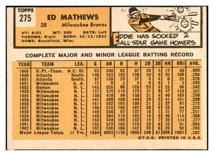 1963 Topps Baseball #275 Eddie Mathews Braves EX 534283