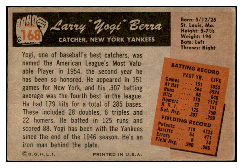 1955 Bowman Baseball #168 Yogi Berra Yankees EX 534372