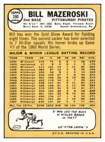 1968 Topps Baseball #390 Bill Mazeroski Pirates VG-EX 534422