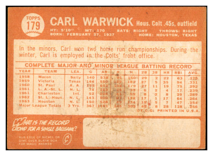 1964 Topps #179 Carl Warwick Colt .45s Signed Autographed 534548