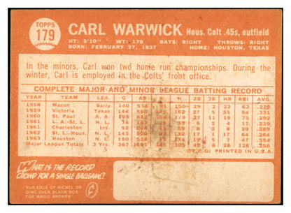 1964 Topps #179 Carl Warwick Colt .45s Signed Autographed 534548