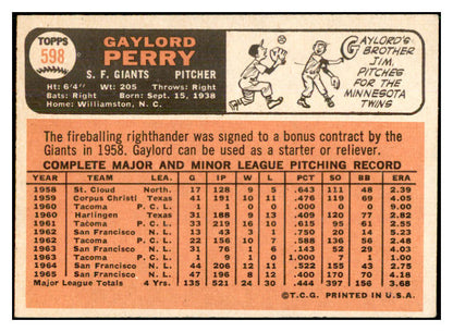 1966 Topps #598 Gaylord Perry Giants Signed Autographed 534585